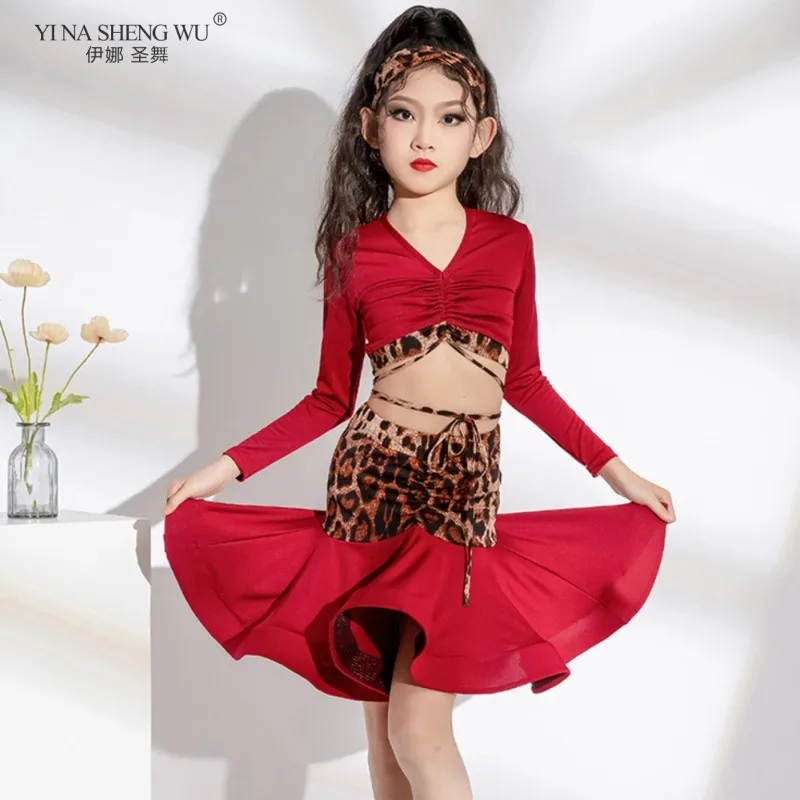قاعة الرقص ليوبارد طباعة التانغو اللاتينية أزياء مسرحية للفتيات تشا تشا رومبا تنورة علوية للأطفال ممارسة الأطفال Dancewear #2