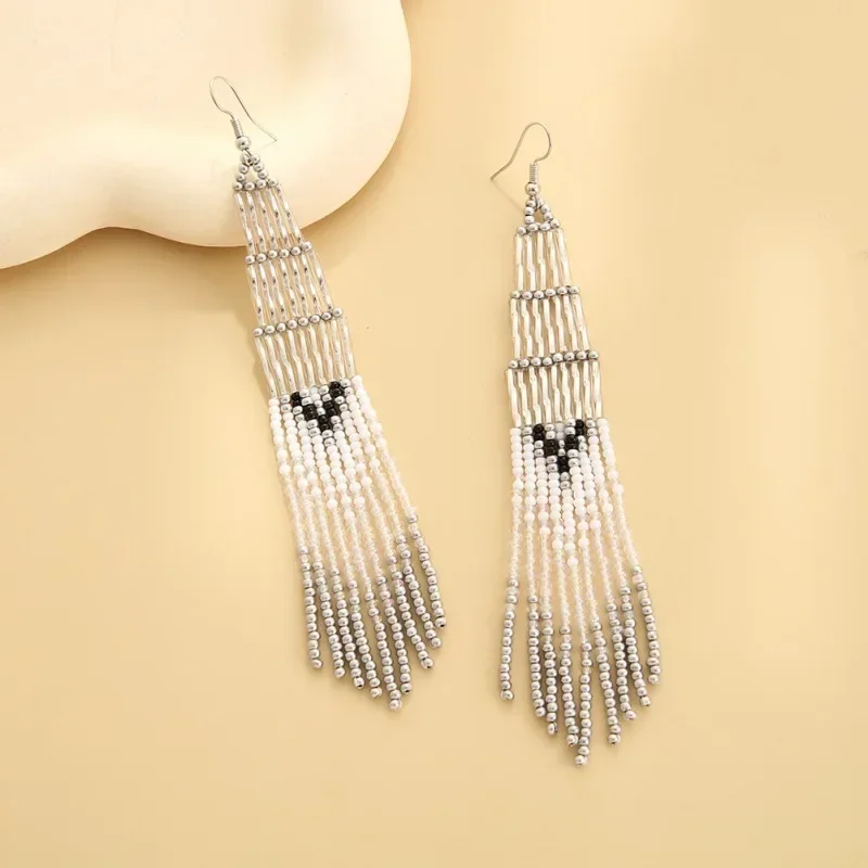 Rice bead earrings Tassel Black and white Originality Geometry Design Hand knitting Bohemia Alloy Fashion Simple Beaded earrings image 2