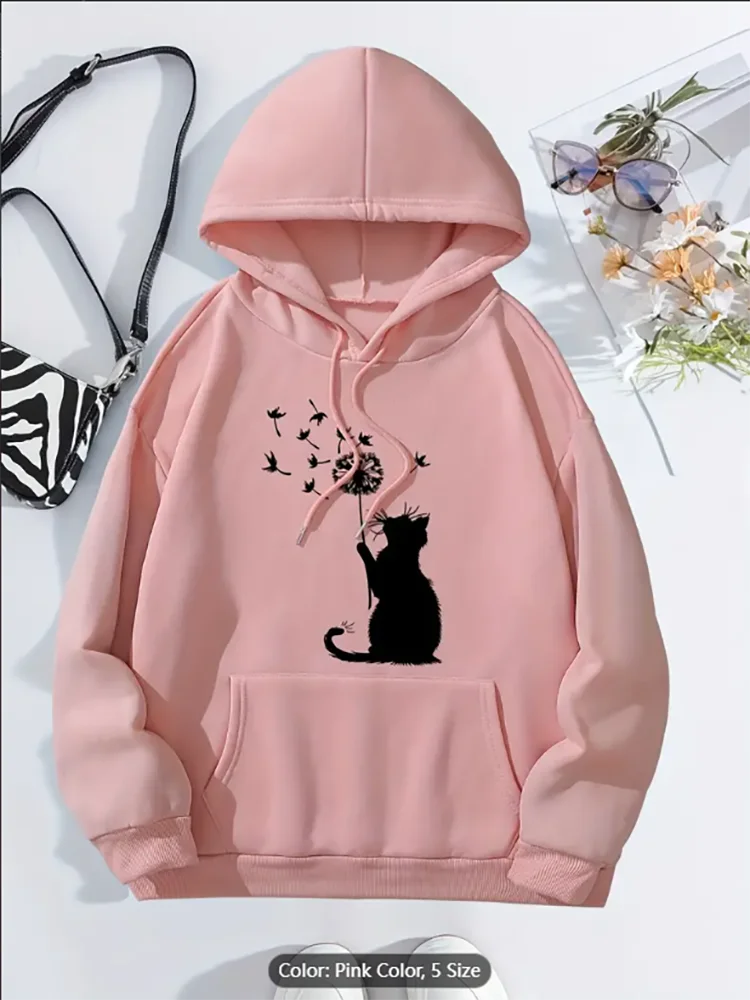

Женская серая толстовка с капюшоном Cat Dandelion и графическим принтом, повседневная негабаритная толстовка с капюшоном на шнурке для любителей кошек, комфорт из чистого хлопка