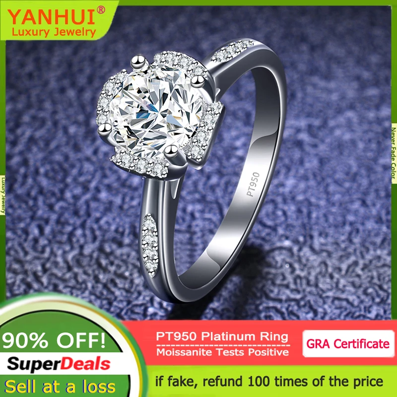 YANHUI Luxury PT950 Platinum Diamond Rings for Women Eternal Wedding Jewelry Real 1 Carat GRA Moissanite Rings Bride Accessories