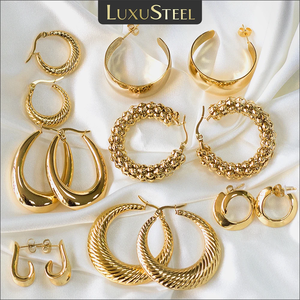 LUXUSTEEL Minimalist Stainless Steel Hoop Earrrings for Women Golden Metal Circle Earrings Vintage Girls Party Jewelry Gifts