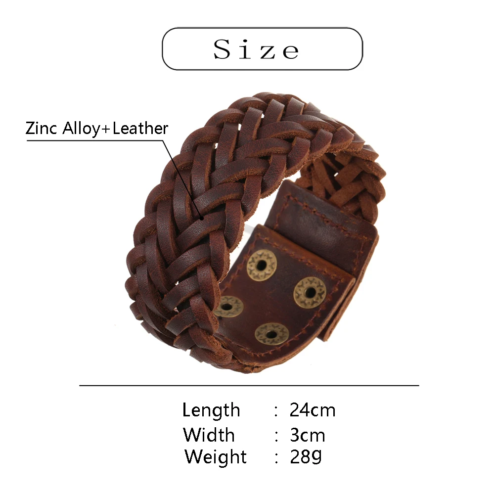 2024 Trend Jewelry Handmade Weave Genuine Leather Bracelet Men Vintage Cuff Wide Leather Bracelet Pulsera Hombre