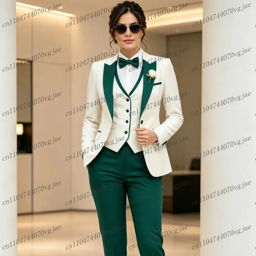 Traje formal blanco y verde para mujer, traje de negocios, para boda, fiesta, graduación, para damas, madres, niñas, esmoquin, conjunto de 3 piezas, blazer, chaleco y pantalones