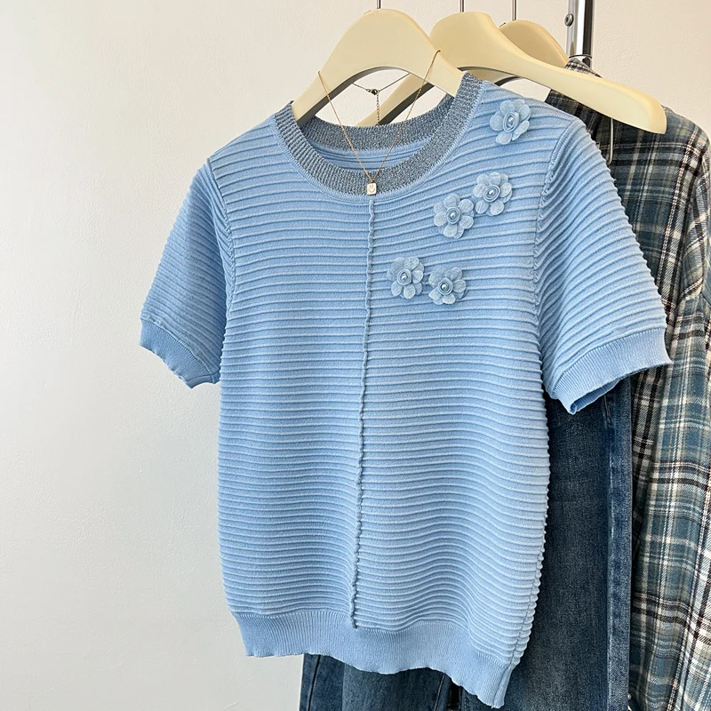 تي شيرت صيفي جديد أنيق مزين بالخرز لعام 2025 تي شيرت برقبة دائرية وأكمام قصيرة بلوفرات نسائية للمكتب للسيدات تي شيرت فضفاض غير رسمي