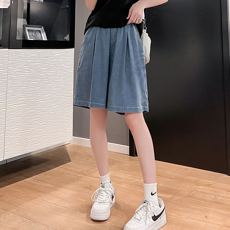 Women'S Summer Thin High Waist Loose Slim Wide Leg Denim Shorts Female Fashion Casual Versatile Elastic Waist 5-Point Pants