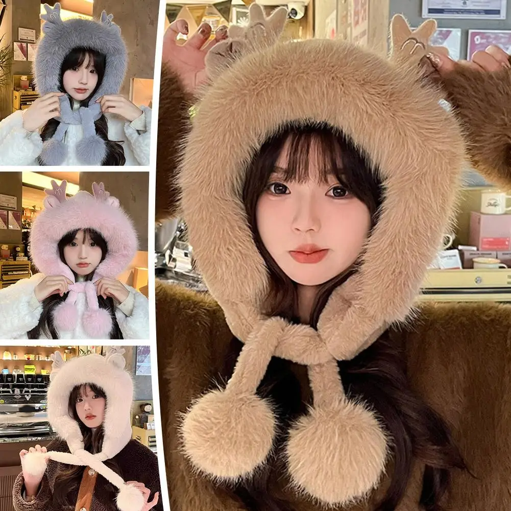 Winter Thickened With Velvet Warm Cycling Cold Hair Ball Ear Hooded New Deer Antler Plush Cute Hat For Woman U4x6