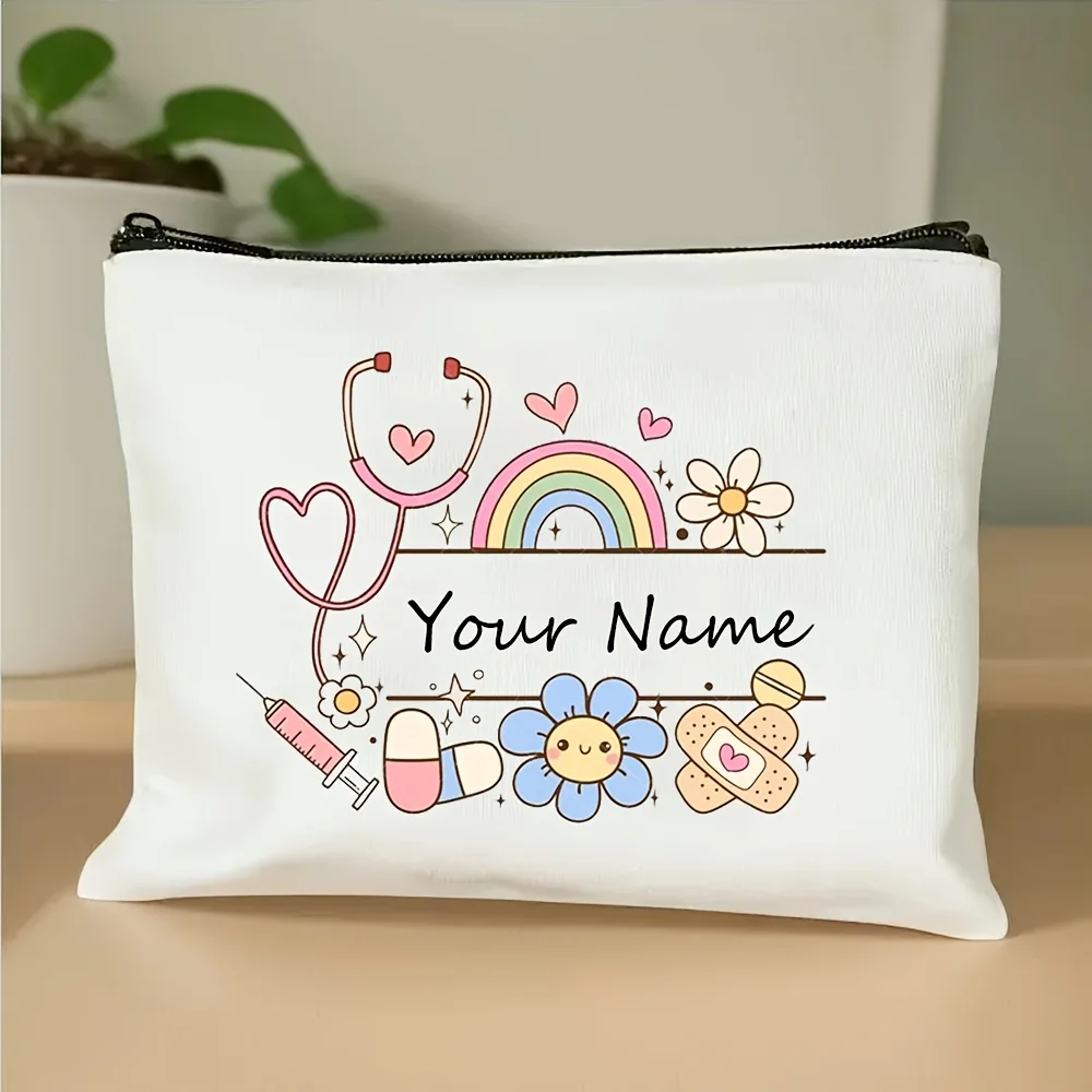 Personalized Name Rainbow Nurse Cosmetic Bag Medical Themed Design with Hearts Stethoscopes Pills Foldable Zipper Travel Nurses