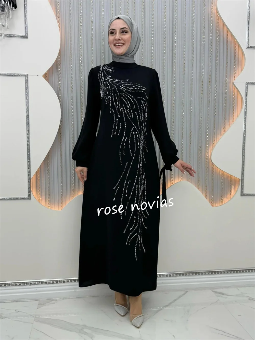 Customized Jersey Sequined High Collar A-line Midi Dresses Bespoke Occasion Classic Retro Sizes Available Evening فساتين الحفلات