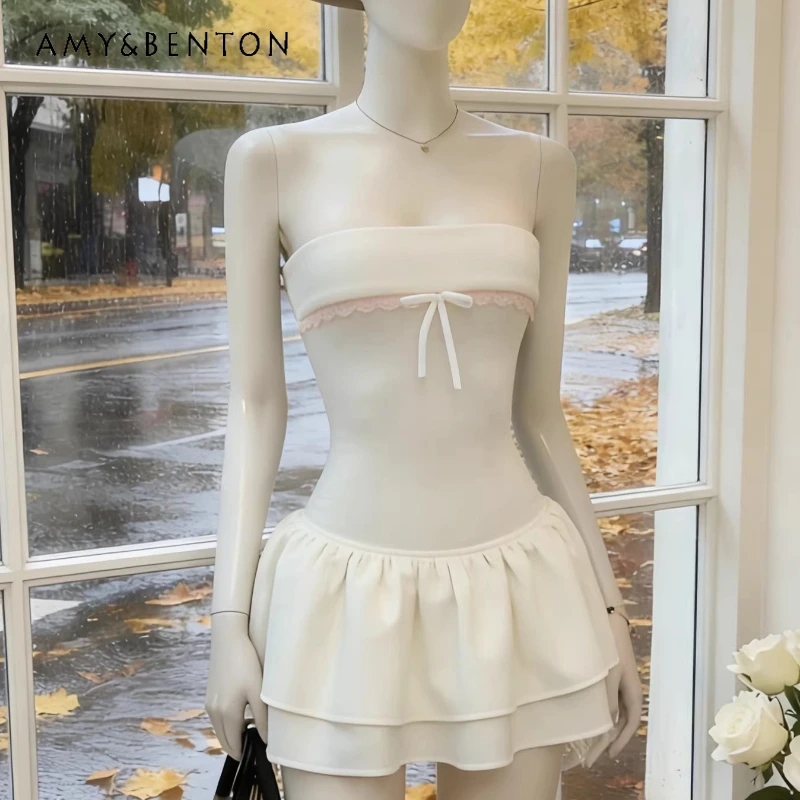 

Sexy Sweet Girl Style Women's Tube Top Dress Korean Design Age-reducing Off-the-shoulder Bow Ruffle Leaf Edge Cake Dress Female