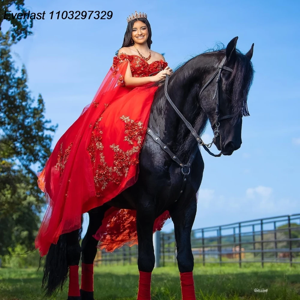 فستان Quinceanera باللون الأحمر اللامع من EVLAST فستان حفلة مزين بالدانتيل اللامع ومشد كريستالي مطرز كيب سويت 16 فيستدو دي 15 أنوس QD1169