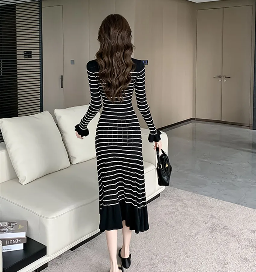 Elegant Women V Neck Single Breasted Sweater Knitting Long Dress French Autumn Winter Striped Hollow Out Slim Mermaid Vestidos