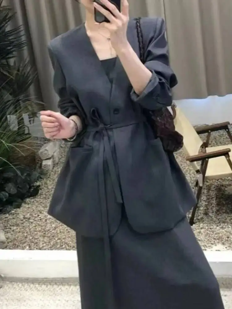 TLXT Casual Solid Color 2 Piece Set Women's V Neck Lace Up Tops A Line Loose Dress 2025 Summer New Clothing XK1410