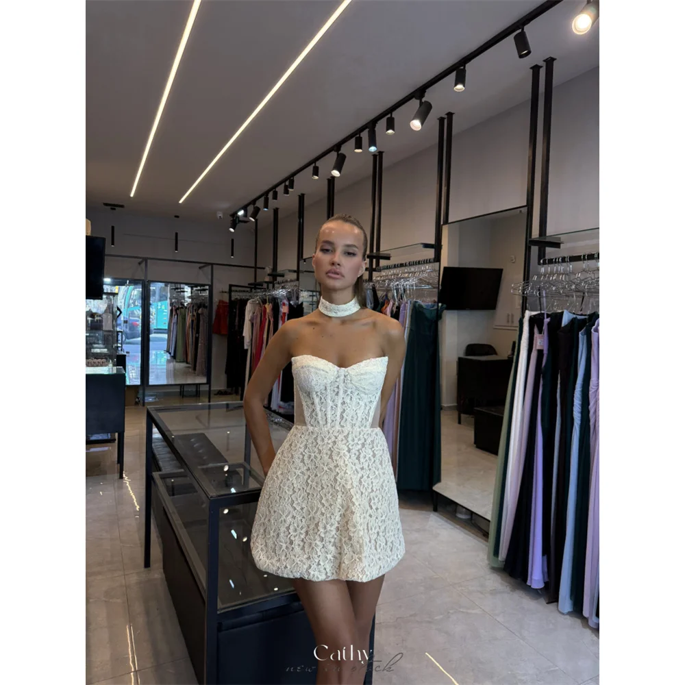 

Cathy Customize White Strapless Floral Lace Prom Dress Waist Cut-out Sleeveless Mini vestidos de noiva A-line Evening Dresses