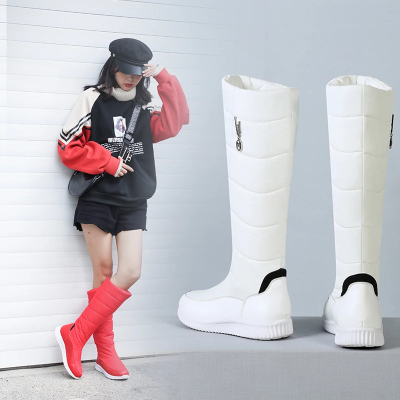 2026 Warm Plush Genuine Leather Women Snow Boots White Red Crystal Casual Travel Ladies Crystal Winter Knee-high Platform Boots
