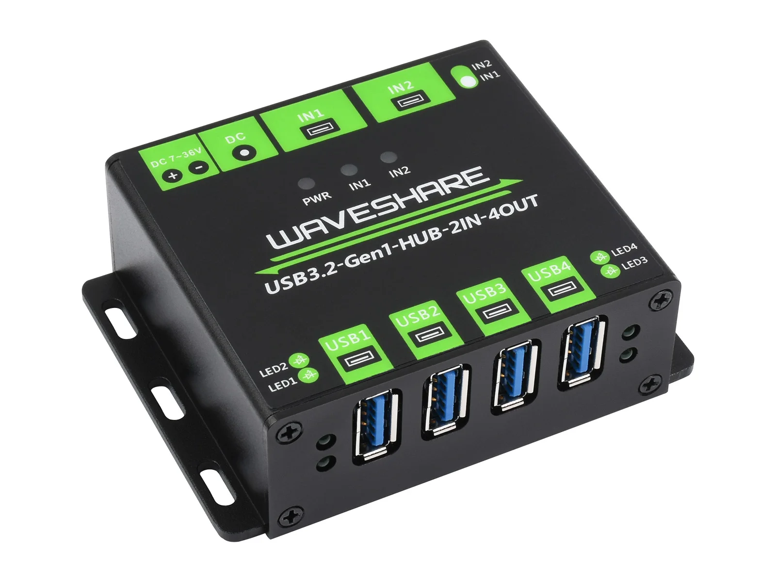 Przemysłowy HUB USB Waveshare, rozszerzający 4x porty USB 3.2, przełączalne podwójne hosty, wielokrotne zabezpieczenia — zdjęcie produktu 2