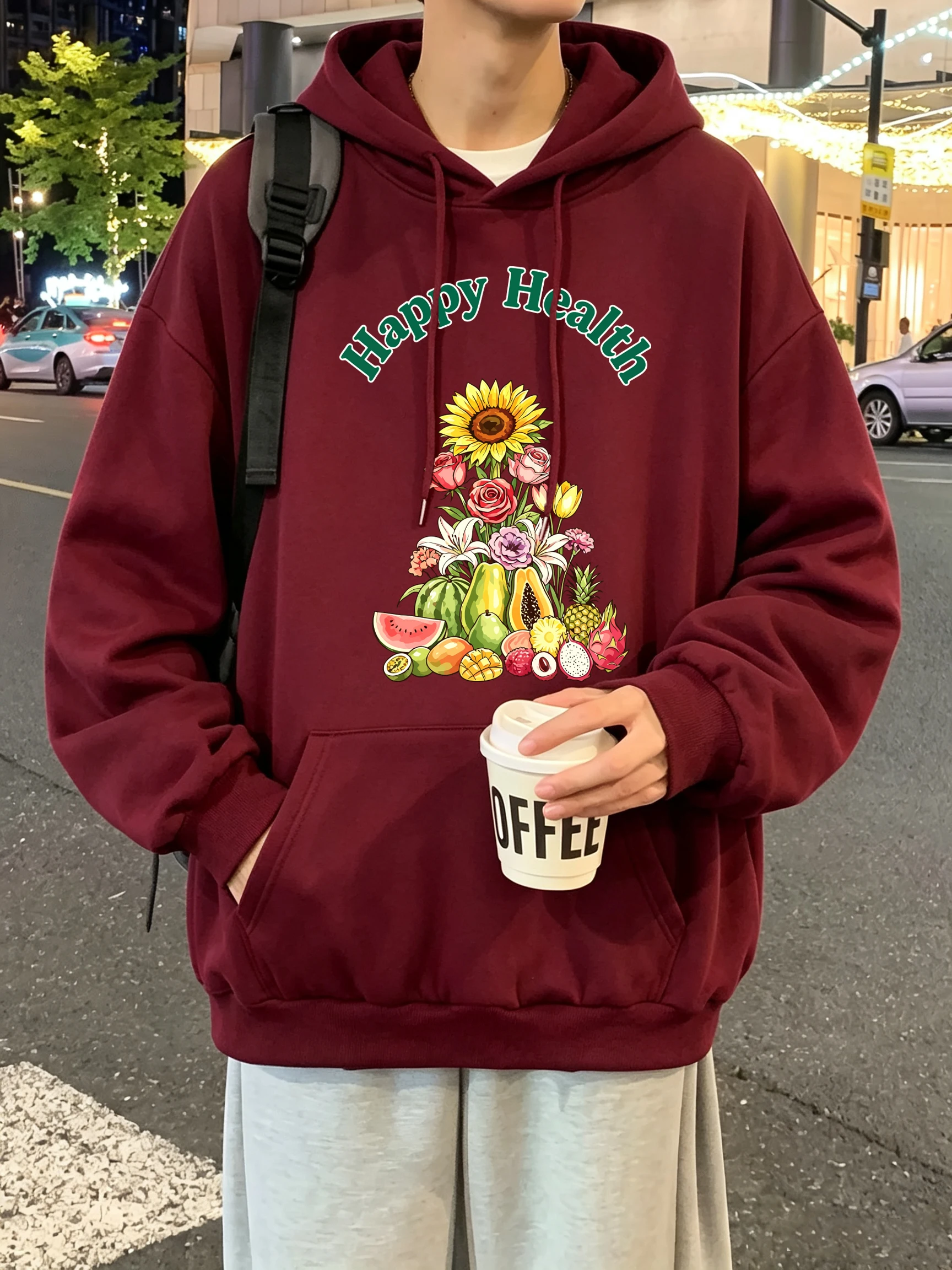 Happy Health Mixed Fruits Floral Print Men'S Hoody Loose Hoodies Fleece All-Match Pullovers Autumn Pocket Male Sportswear