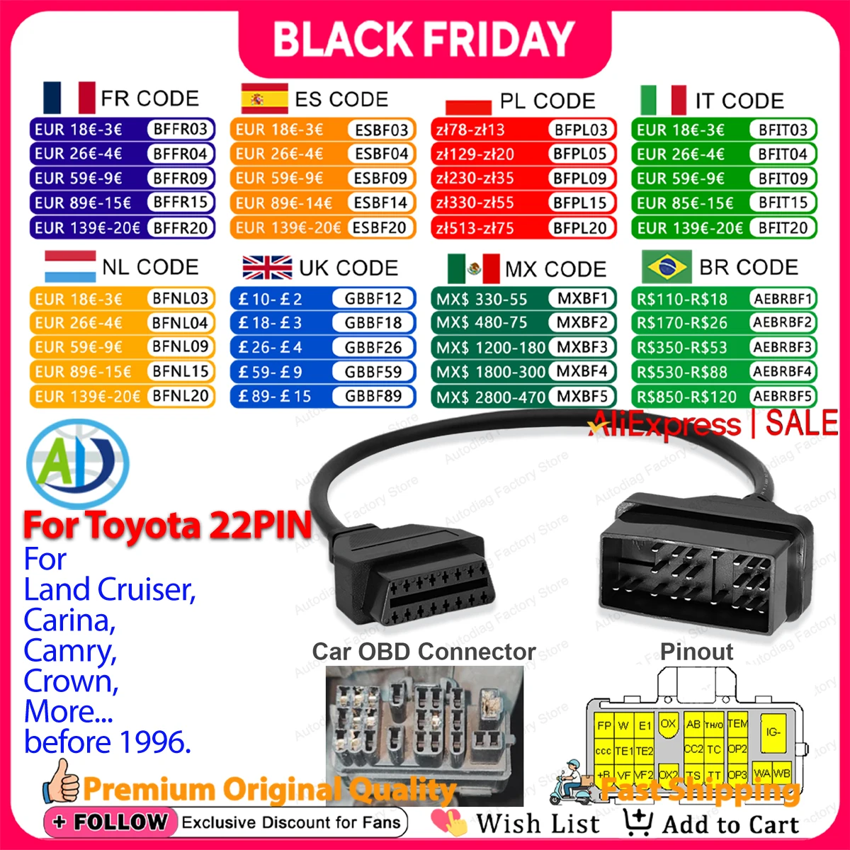 Voor Toyota 22 Pin Obd Connector Obd2 Diagnostische Kabel 22 Pin Naar 16 Pin Obd1 Obd2 Adapter Voor OBD2 Interface scan Diagnostic Tools