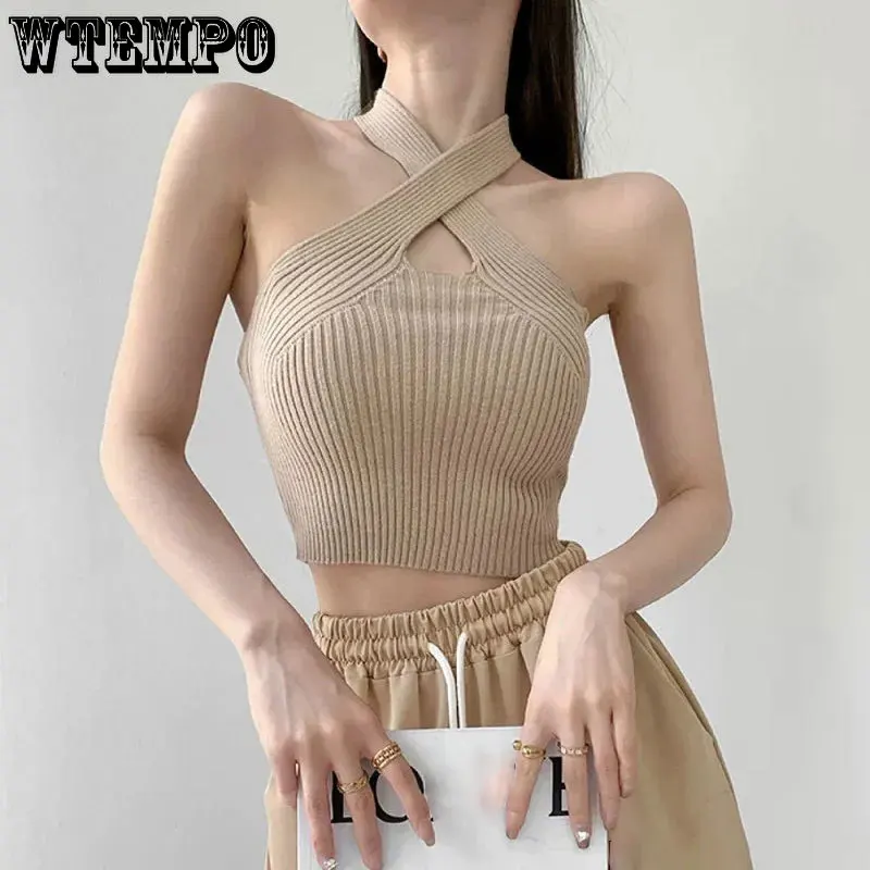 Cross Halter Vest Backless Sexy Crop Tops Summer Knitted Ice Silk Tank Top All-match Short Slim Croset Gothic Women Suspenders