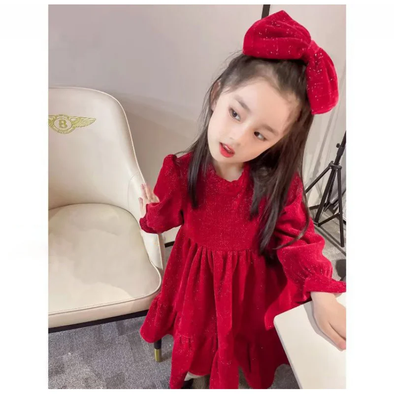 

2025Winter new style red fleece-lined dress for baby girls Free Bow Hair Accessory Shiny Wholesale