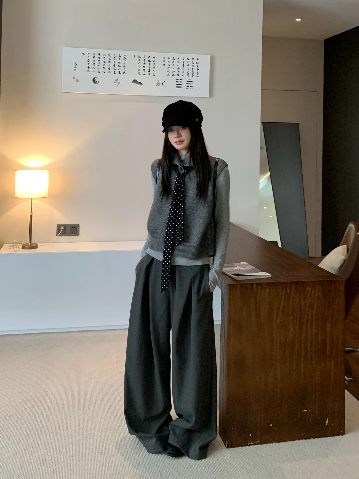 Deep Grey Wide Leg Pants Women's Loose Casual Trousers Sòngzhèngēn Fall 2026 Draped Slimming Versatile Comfortable Leisure Tr...