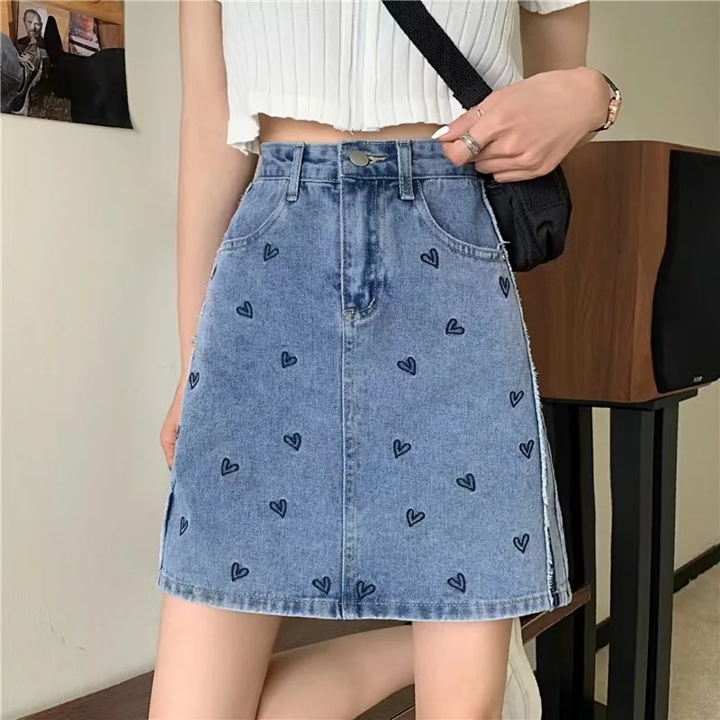 Women 2023 Cutie Sweet Pink Heart Denim Skirt Chic Front Button Up Mini Skirts School Girl Fashion High Waist a Line Jeans Skirt