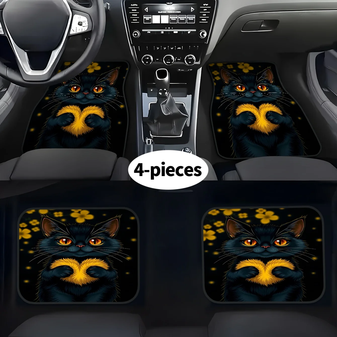 4pcs Set Black Cat Yellow Claw Pattern Trendy Car Floor Mats | Durable, Easy To Clean, Suitable For All Car Models, Polyester Fi