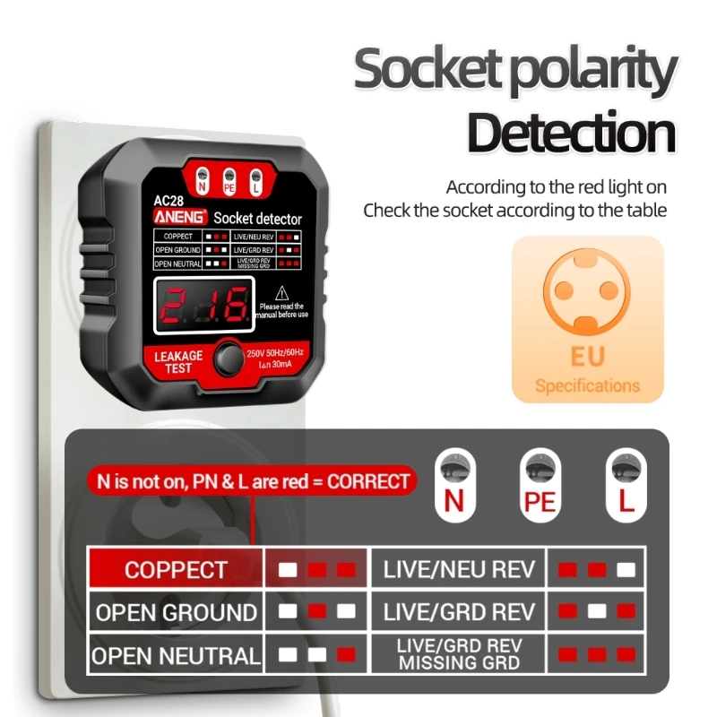 ANENG AC28 Professional Socket Detector Voltage Test RCD 30mA Socket Detector Ground Zero Line Plug Polarity Phase Check Tools