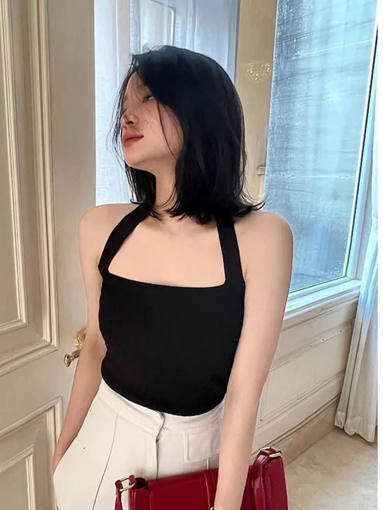 

Y2K New Solid Color Square Collar Strap Up Neck Sleeveless Vest Street