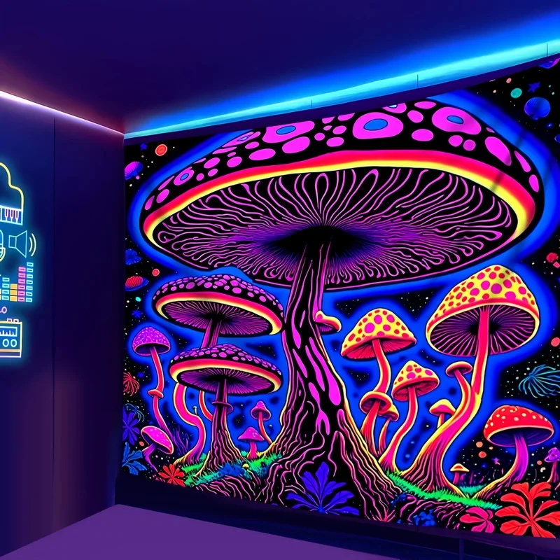 VIKAMA Blacklight Reactive Mushroom Tapestry, Psychedelic Neon Glow Wall Hanging for Bedroom Living Room Home Decor