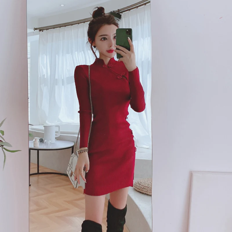 

New Elegant Autumn Winter Knitting Cheongsam Women's Vintage Red Improved China Traditional Qipao Long Sleeve Sexy Short Dress