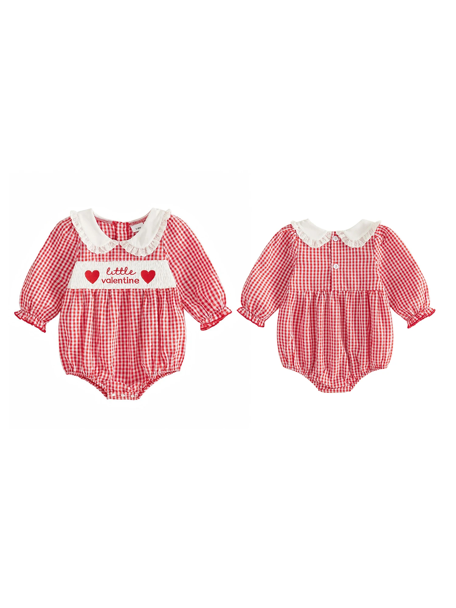 Plaid Long Sleeve Doll Collar Plaid Baby Girl Baby-Girl-Valentines Long Sleeve Sleeve Doll Collar Romper Plaid Lightweight Plaid