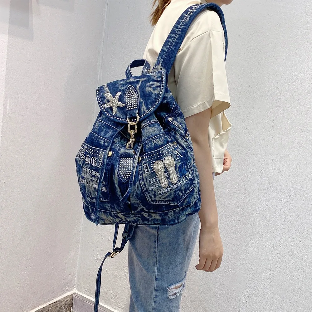 Brand Designer New Fashionable Water-washed Denim Backpack With Diamond Multifunctional Embroidery Travelbag Backpack For Girls