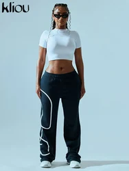 kliou Casual Women Pants New Basic Stripe Print Elastic Waist Fitness Active Trousers Female Classic All-matched Sporty Bottoms