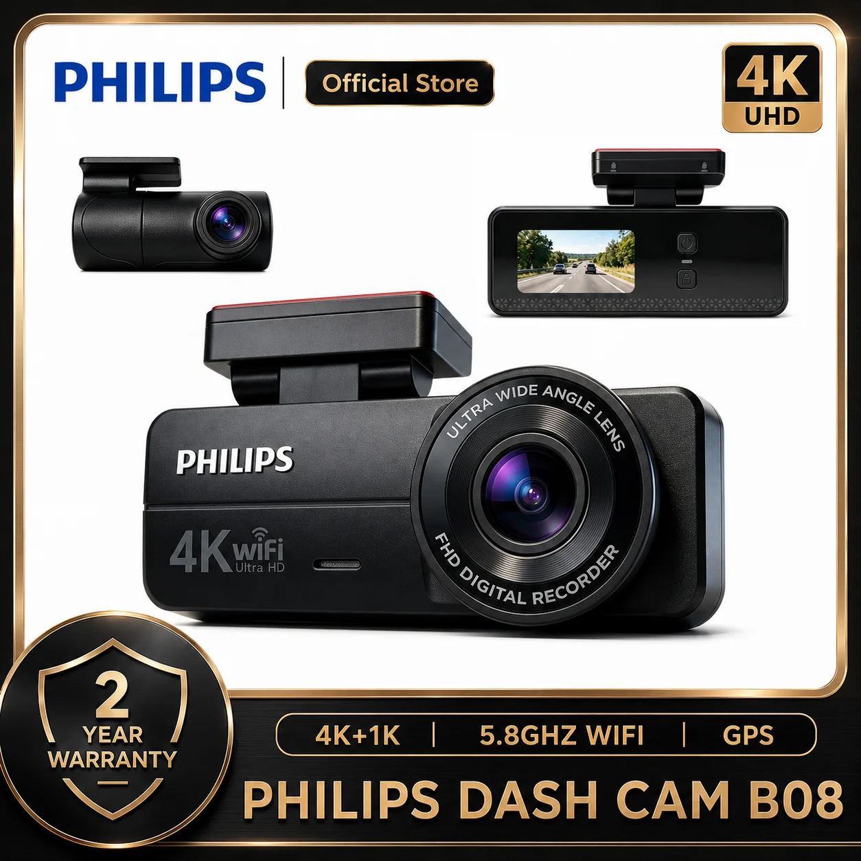Image of PHILIPS Dashcam B08 4K+1K HDR Dual Front- und Heckkamera 1,57 Zoll IPS 2,4G & 5,8G WLAN APP GPS-Unterstützung 24-Stunden-Parküberwachung Auto-DVR