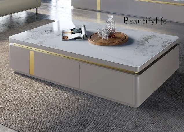 Modern light luxury solid wood rock slab coffee table household living room rectangular modern minimalist creativity