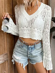 Sweater v-neck long sleeve pullover short stretch beach vacation spring and summer