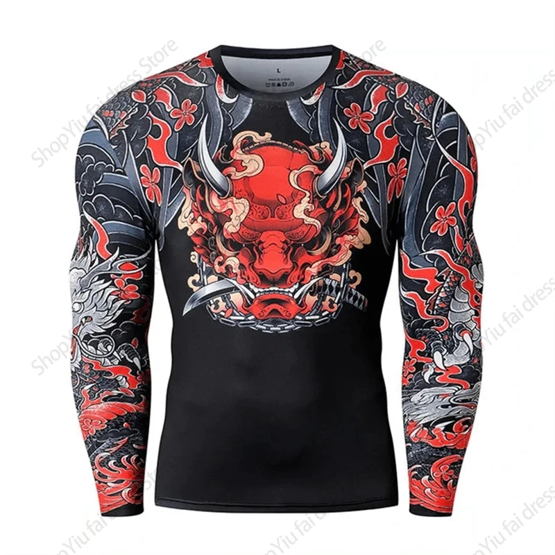 Camiseta de manga larga con cuello redondo para hombre, camisetas gráficas con estampado 3D de samurái japonés, camiseta informal de calle, Ropa para hombre, Tops con tatuaje