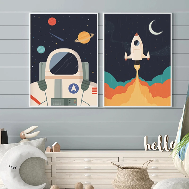 Astronaut Planet Space Rocket Solar System Children\'s Room Canvas Painting Wall Art Print Poster Nordic Nursery Decor Picture