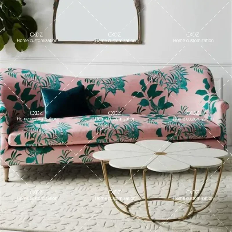 Medieval Oil Painting Style Fabric Sofa Retro Living Room Printed Three Seater Pastoral Sense Couch