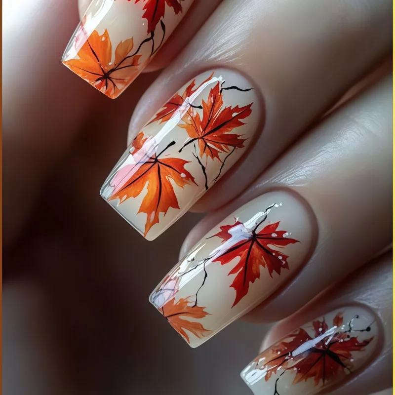 

24 Pcs Mid Square Nail Tip Autumn Maple Leaves False Nails Artificial Fake Nails Press on Nails for Women Prosthetic Nail Set