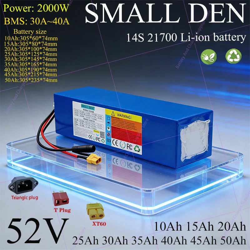 

52V 21700 Li-ion Battery Pack 15Ah 50Ah High Energy Density Rechargeable Battery with BMS for E-Bike Electric Scooter Power