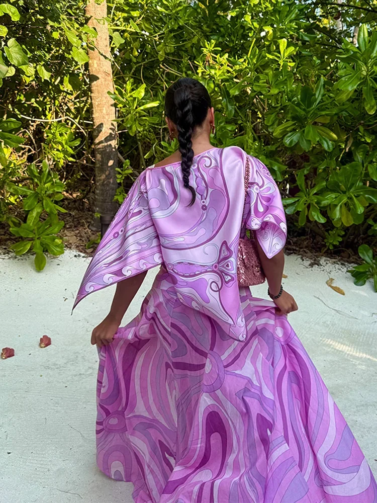 Loose Printed Shirt Skirt Suits Women Beach Irregular Full Sleeve Top Female Sets 2026 High Waisted Long Skirt Ladies Outfits view 4
