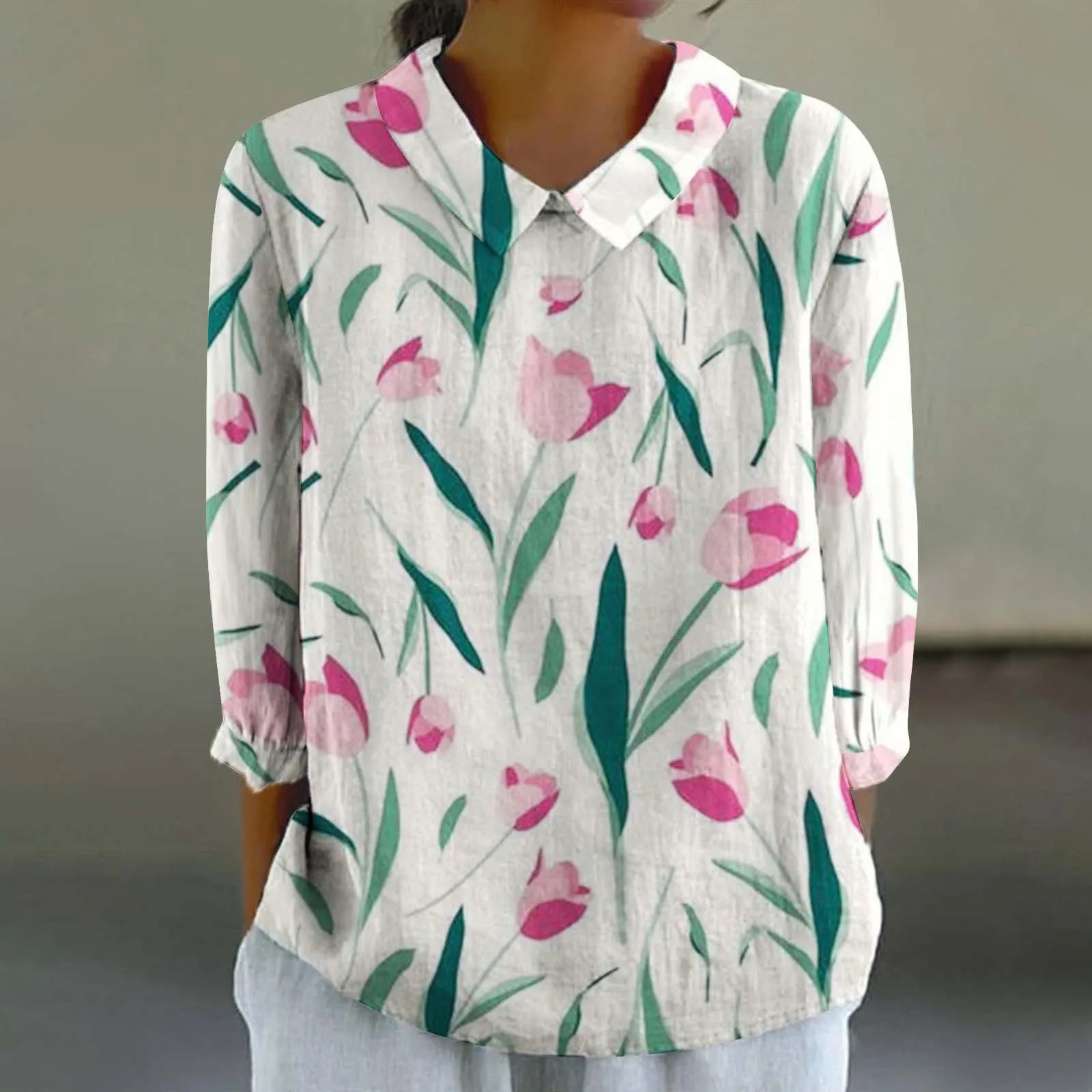 Women's Linen Lapel Art Floral Round Neck Button Loose Pullover Top Casual Shirt T Shirt Blusas Femininas Tendencia 2024