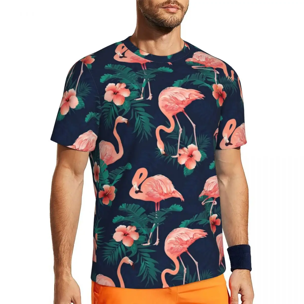 Pink Flamingo Gym T-Shirt Hibiscus Tropical Leaves Popular T Shirts Male Y2K Basic Tee Shirt Beach Short Sleeves Design Tops