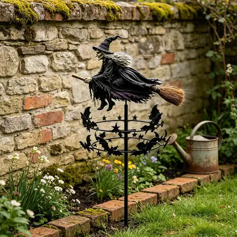 2D Hexen-Garten-Windrad, rotierendes Windrad, Halloween-Dekoration, Hexen-Garten-Windmühle mit Pfahl für Hof und Garten