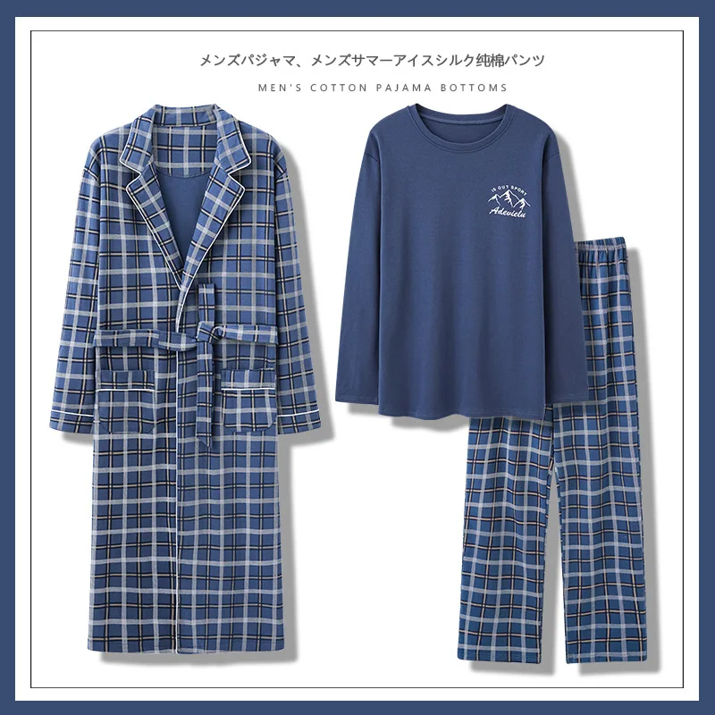 Cotton Pajama Set for Men with Long Sleeve Nightgown and Bathrobe for Home and Outdoor Wear