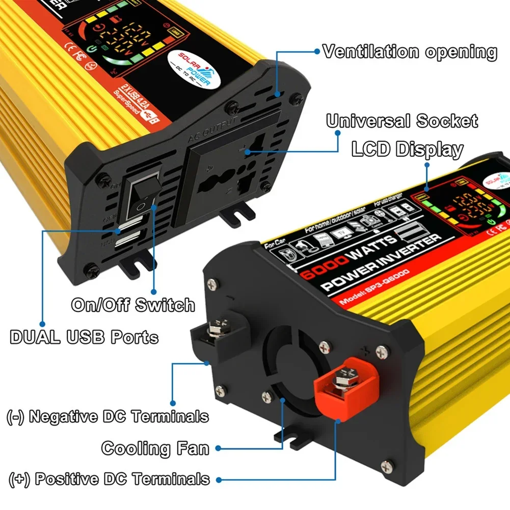 6000W Dual LCD Screen Car Inverter Power Adapter Modified Sine Wave Voltage Transformer Dual USB DC 12V to AC 220V 110V Inverter