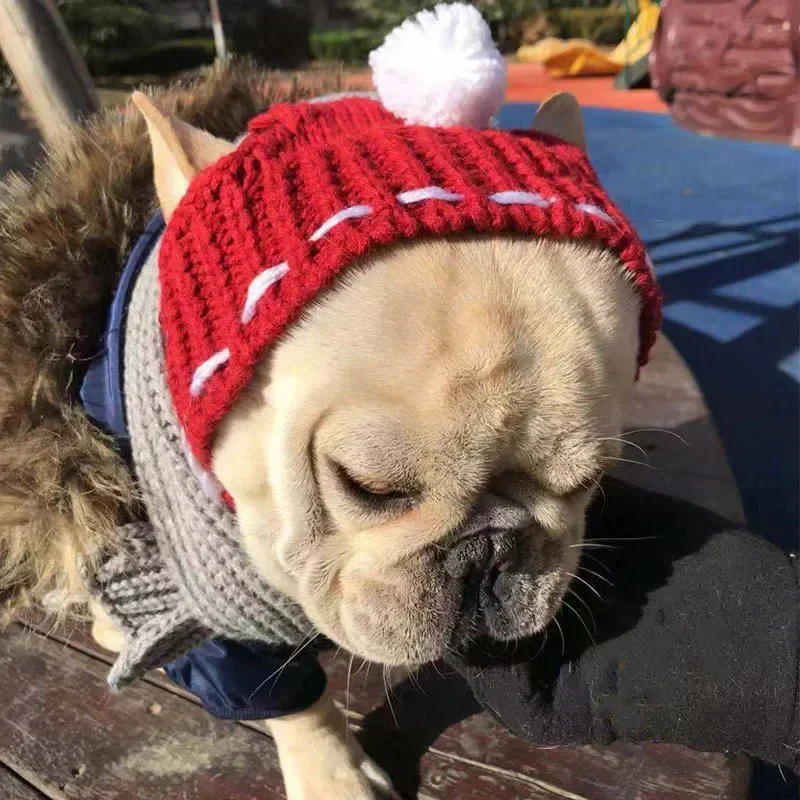 Winter Warm Dog Hat Dog Cap Christmas Pet Hats Dog Accessories Woolen Puppy Hat With Ball Headwear For Small Dogs French Bulldog