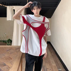 LUZHEN Personalized Patchwork Color Contrast Design Short Sleeve T Shirt Summer Original New Stylish Street Wear Men Tops LZ4432