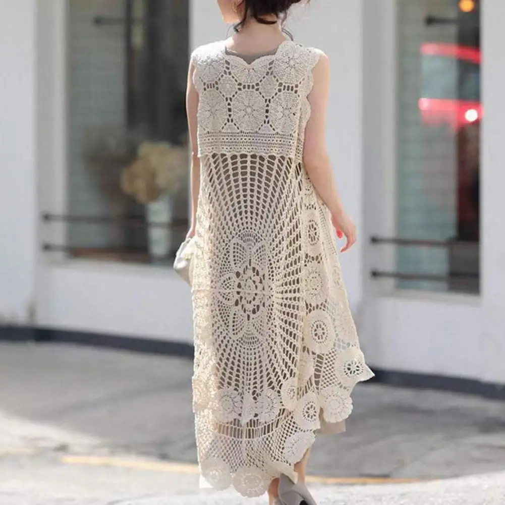 Summer Women Vest Hollow Lace Sleeveless O Neck Solid Irregular Hem Short Front And Long Back Retro Loose Pullover Tank Tops